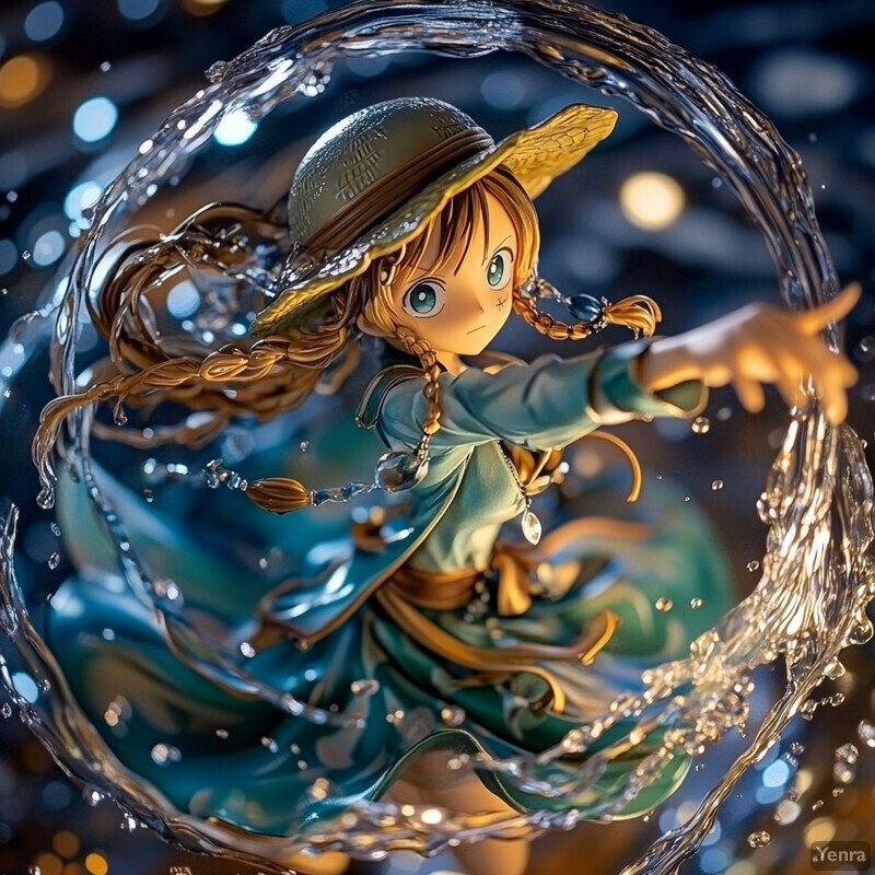 An animated figure with long braids and a hat is captured in mid-motion within a circle of swirling raindrops.