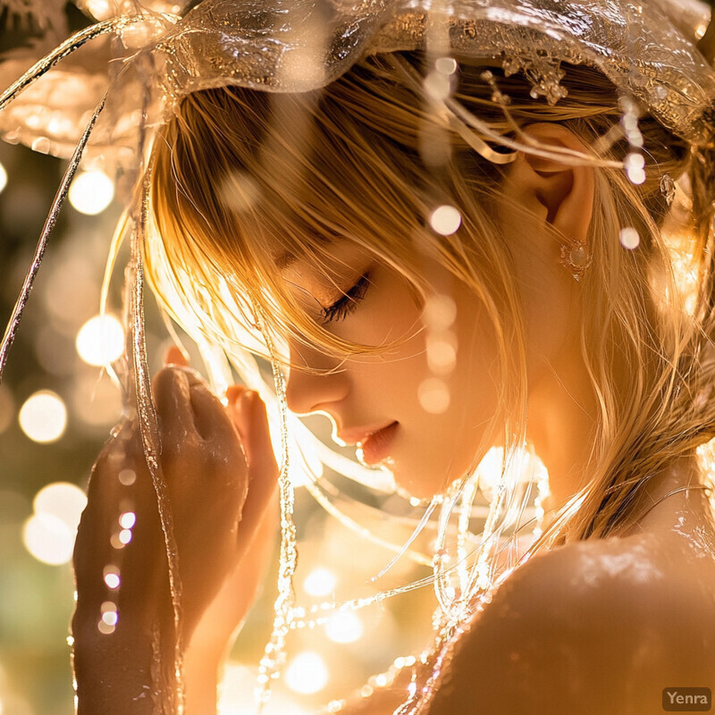 A serene outdoor setting featuring a woman in a white lace-adorned dress and silver headpiece, surrounded by lush greenery and vibrant flowers.