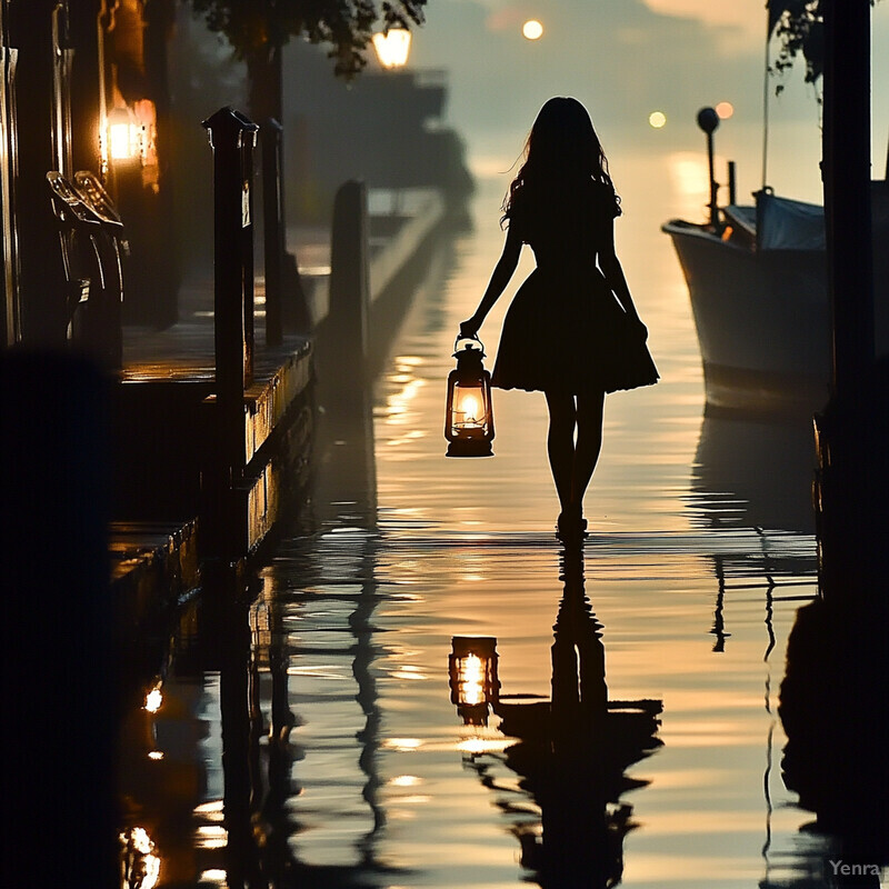 A woman walks along a dock at dusk or dawn, carrying two lanterns and surrounded by a serene atmosphere.