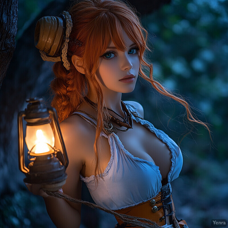 A woman with red hair holds a lantern in a forest setting.