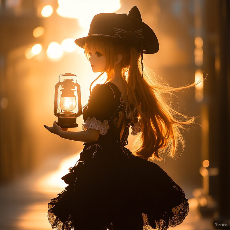 A young girl holds a lantern in a city street or alleyway, her face turned towards an unseen object.