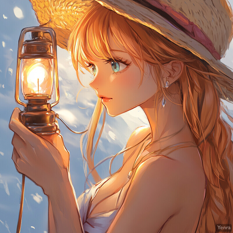 Anime-style illustration of a young woman holding a lantern in her right hand, with her left arm bent and resting on her waist.