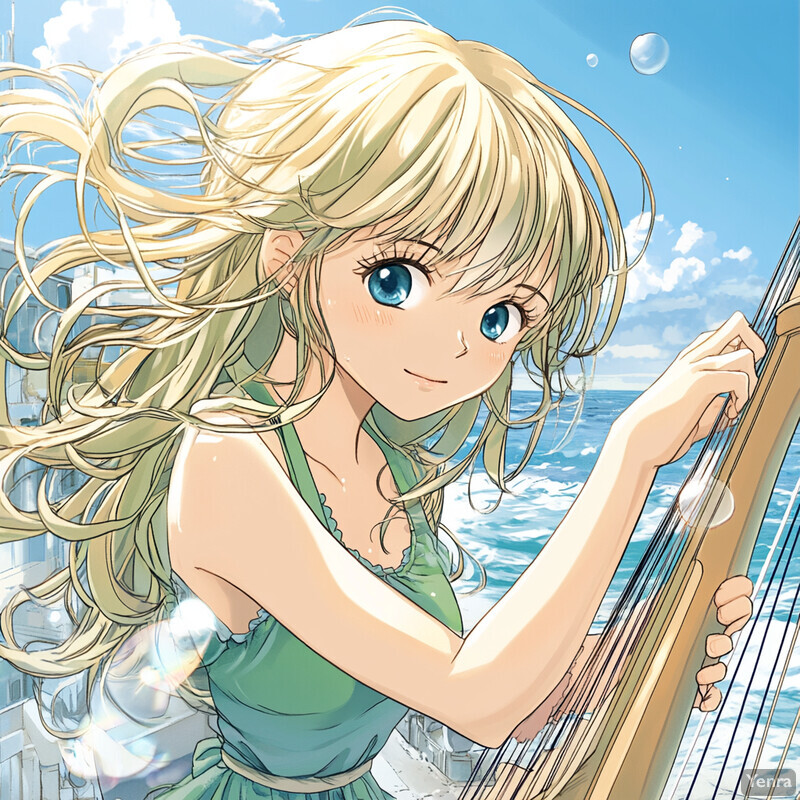 A young woman plays a harp by the ocean