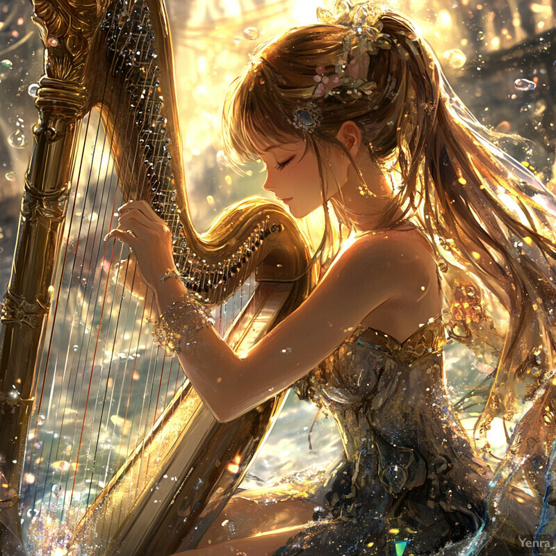 A serene scene of a woman playing a harp in a forest setting