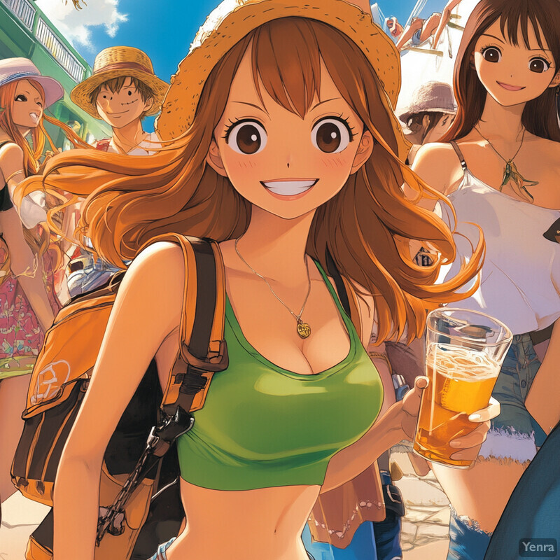 Anime-style illustration of a young woman holding a glass of beer at an outdoor event