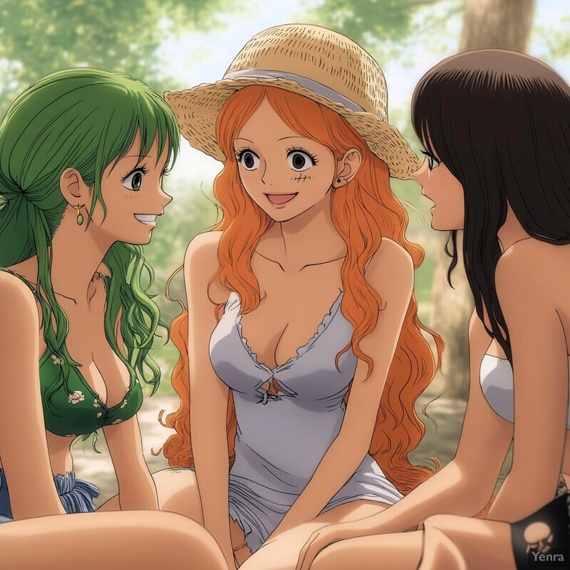 Three young women sitting together in an outdoor setting.