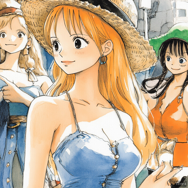 A vibrant outdoor illustration featuring three young women inspired by anime or manga.