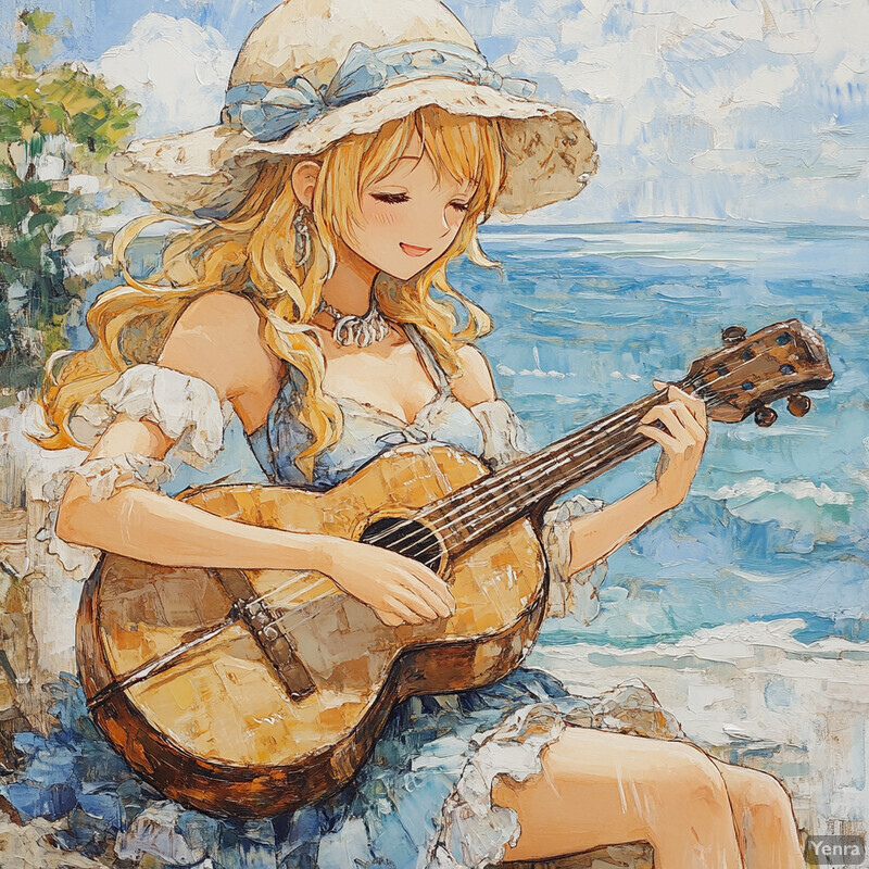 A woman playing a guitar on a rocky beach overlooking the ocean