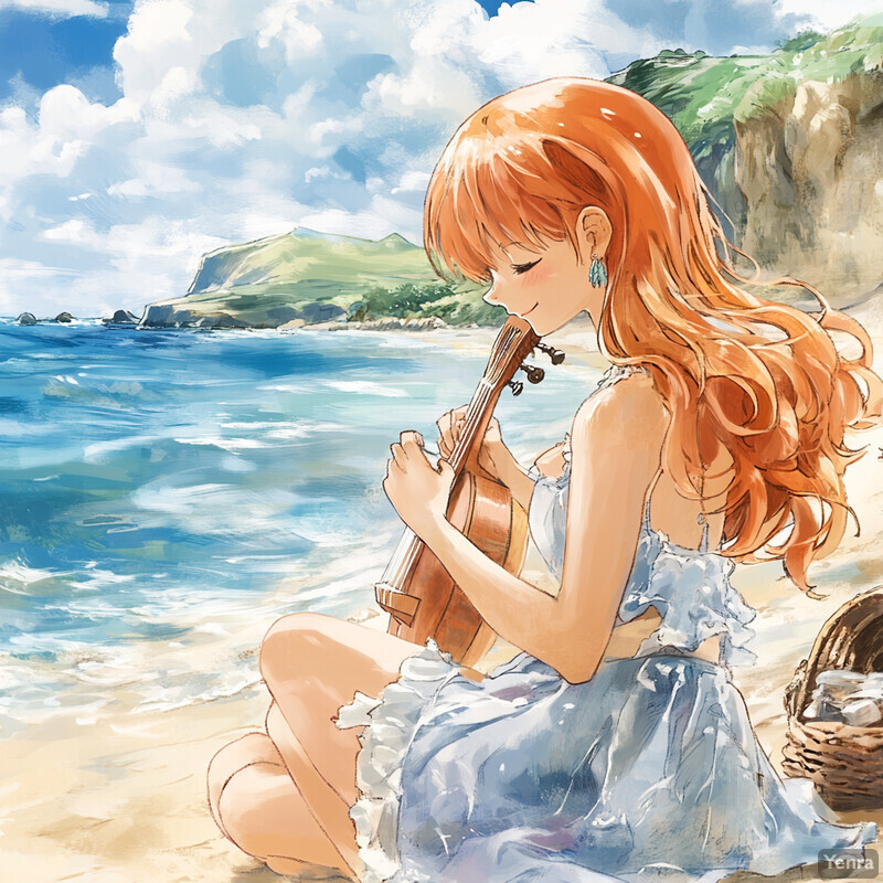 Anime-style illustration of a young woman playing an instrument on a beach