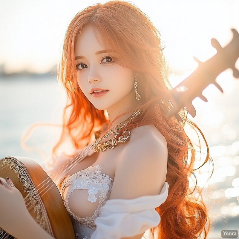 A woman plays guitar on a beach or coastal area.