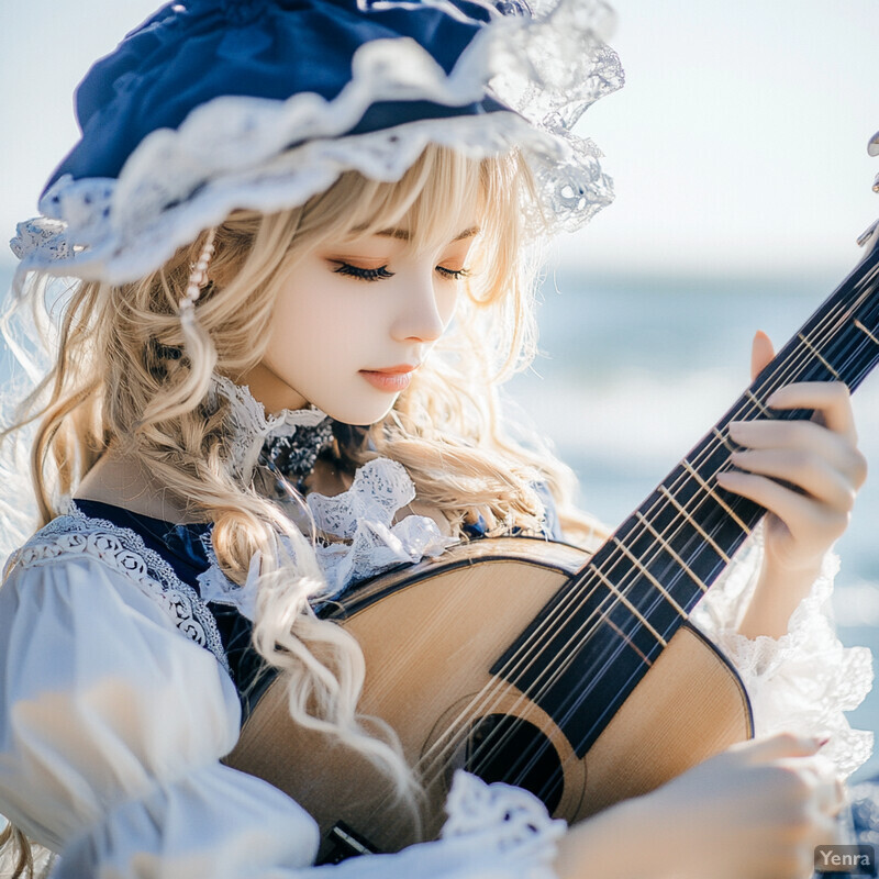 A young woman playing an acoustic guitar on a beach or near a body of water.