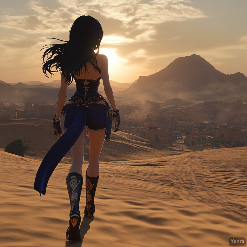 A woman stands in the desert, gazing out at the sunset.