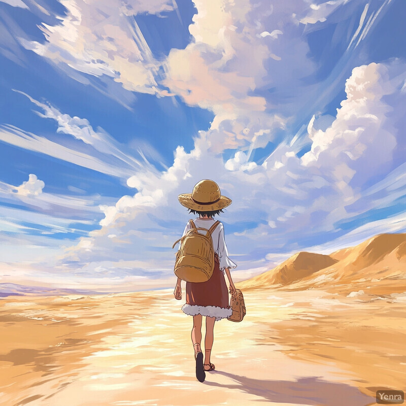 A woman walks away from the viewer in a desert landscape