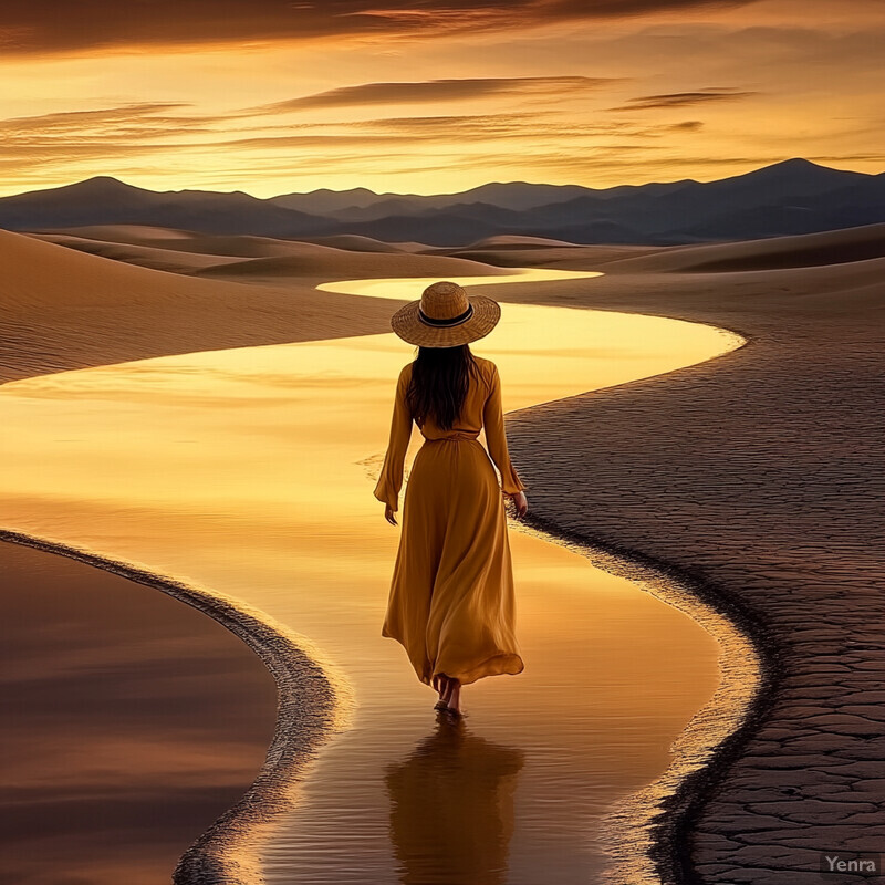 A woman walks along a winding path in the desert at sunset, surrounded by dunes and a breathtaking sky.