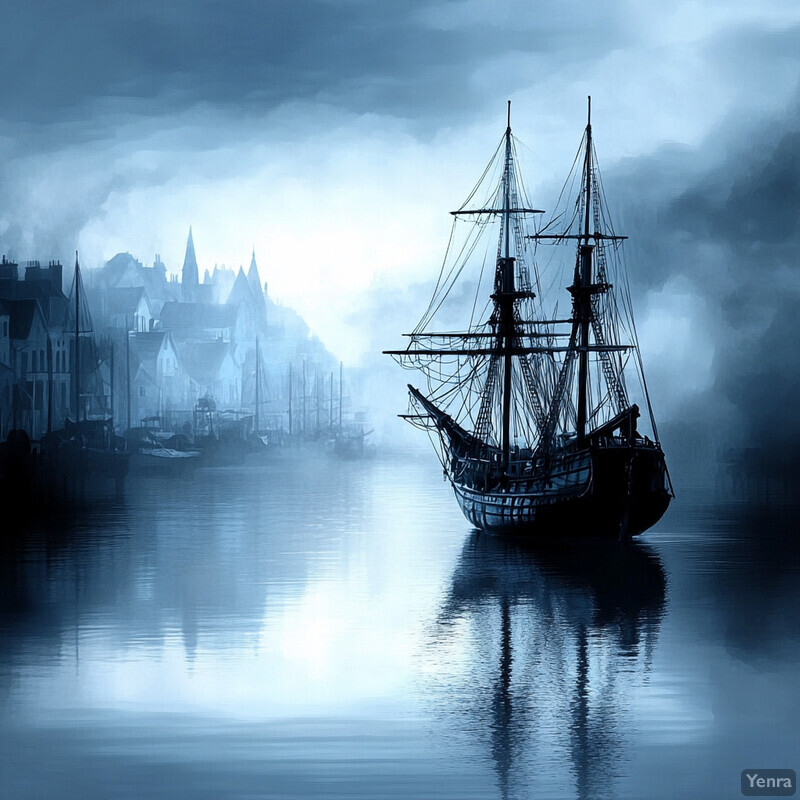 A serene and mystical harbor scene with an old sailing ship as the central focus