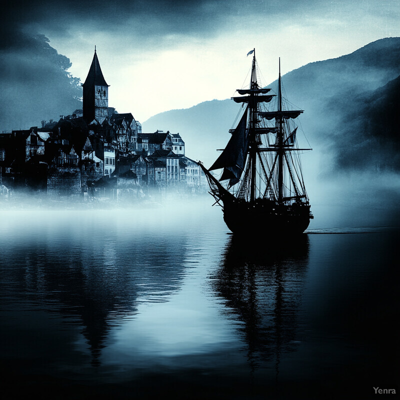 A mystical scene of a ship sailing through a foggy harbor with a castle in the background