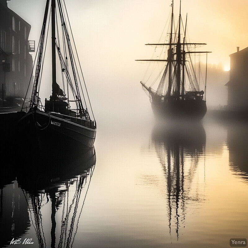 Two boats moored in a foggy harbor