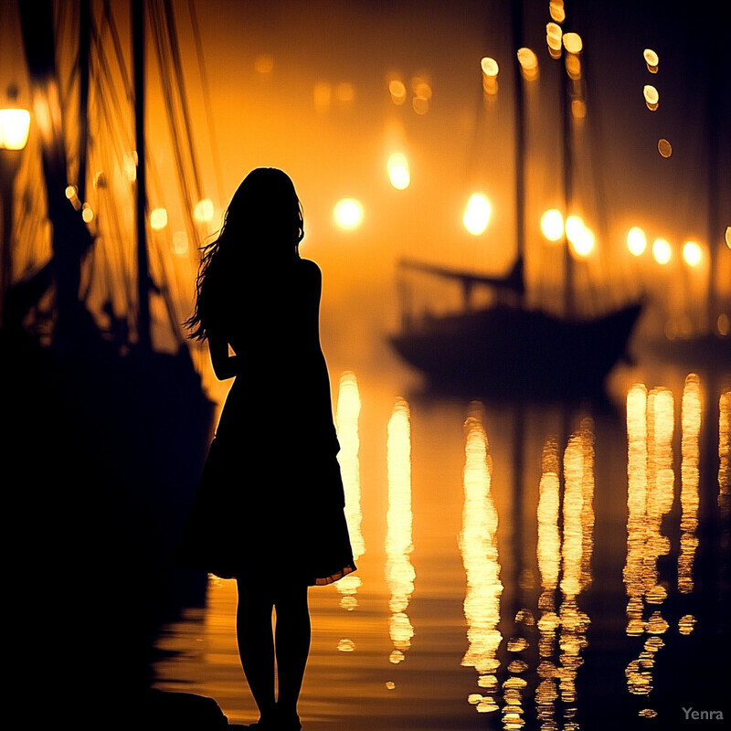 Woman walking away from camera on the shore of a body of water with boats docked in the background at night.