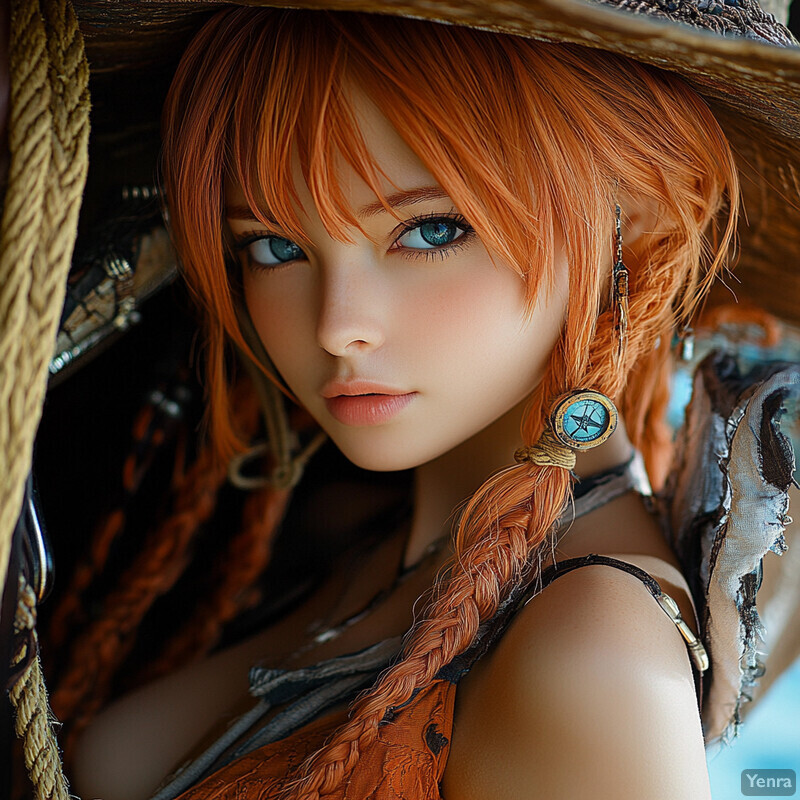 A female mannequin with red hair and blue eyes, wearing an orange tank top and straw hat, exuding confidence and poise.