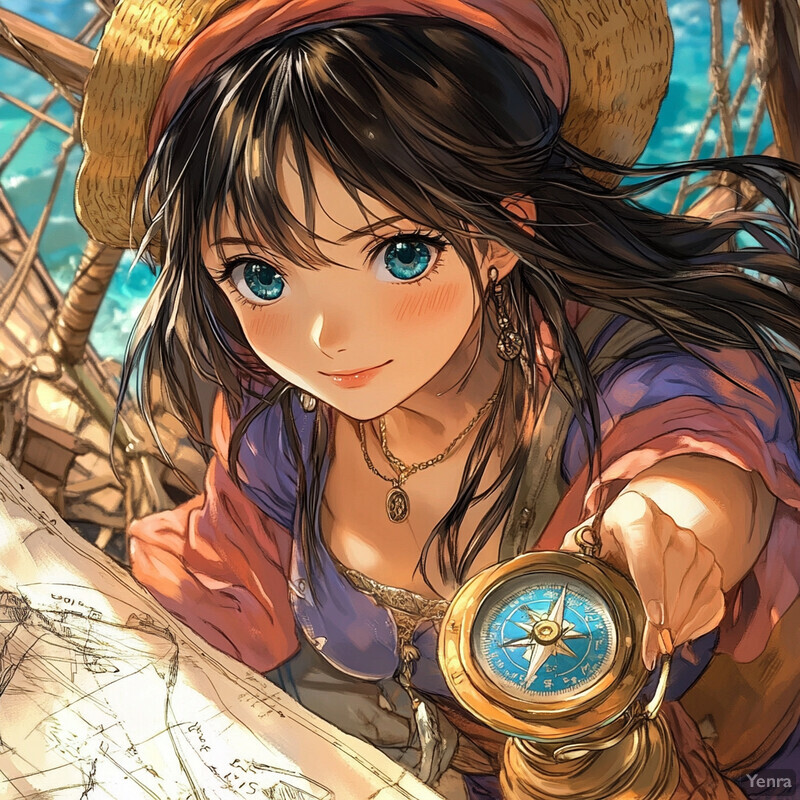 A young woman gazes at an old map on the deck of a ship, holding a brass compass in her right hand.