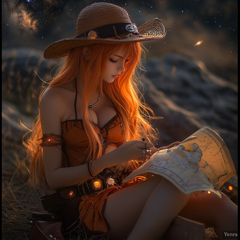 A woman with long orange hair sits in a field, studying a map illuminated by an otherworldly light.