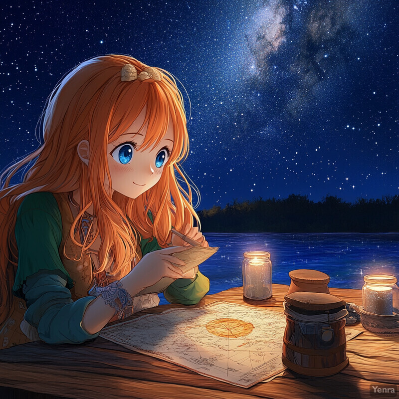 Anime girl sits by water under starry night sky