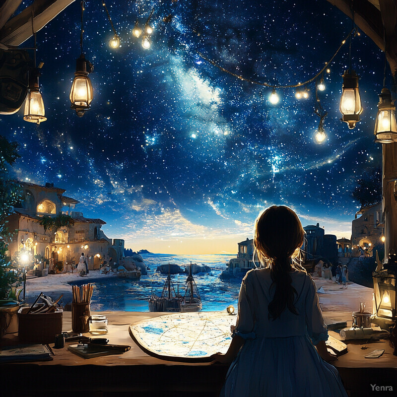 A young girl stands by a desk, gazing out at a starry night sky over a body of water.