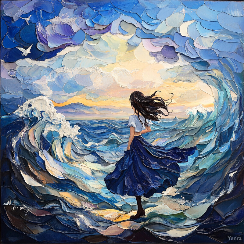 A woman stands in front of an ocean wave, lost in thought or mesmerized by its power and beauty