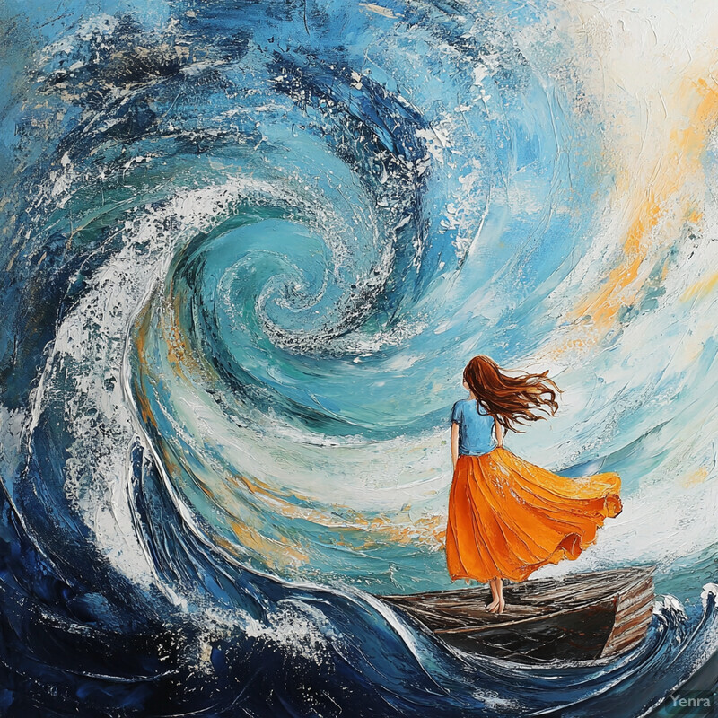 A woman standing on a boat in the middle of a swirling sea