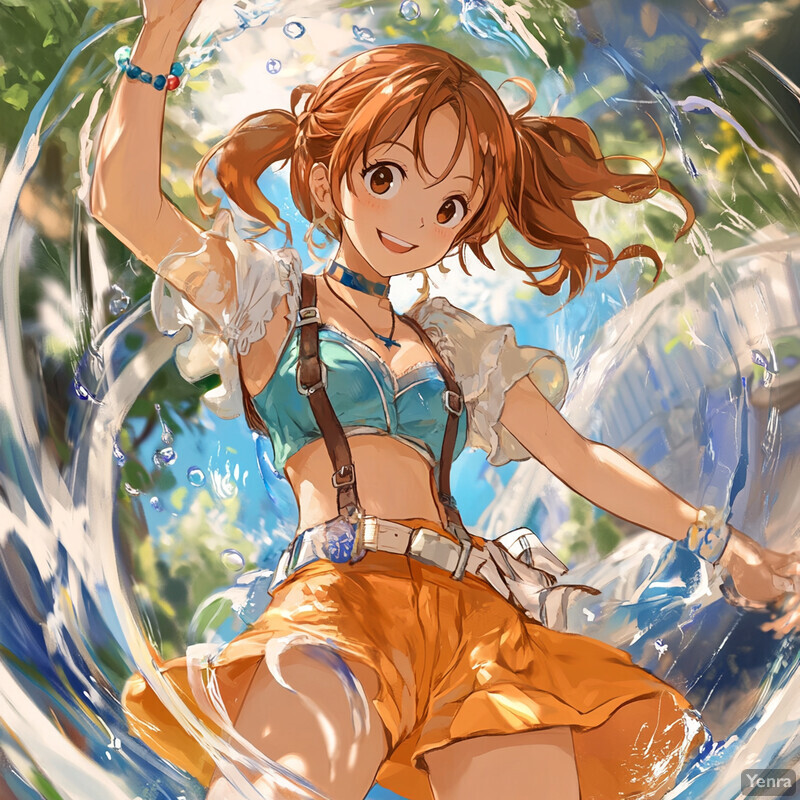 Anime-style illustration of a young woman with long brown hair, wearing a blue crop top and orange shorts, holding her left arm up and having a bracelet on her right wrist.