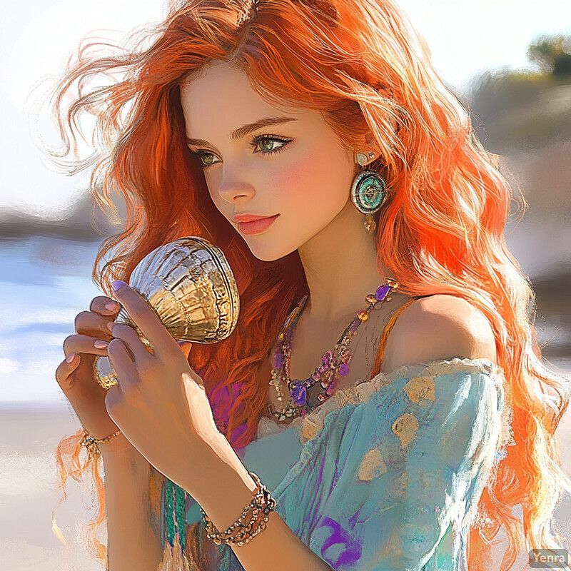 A woman holds a large seashell to her ear on a sunny beach or coastal area.