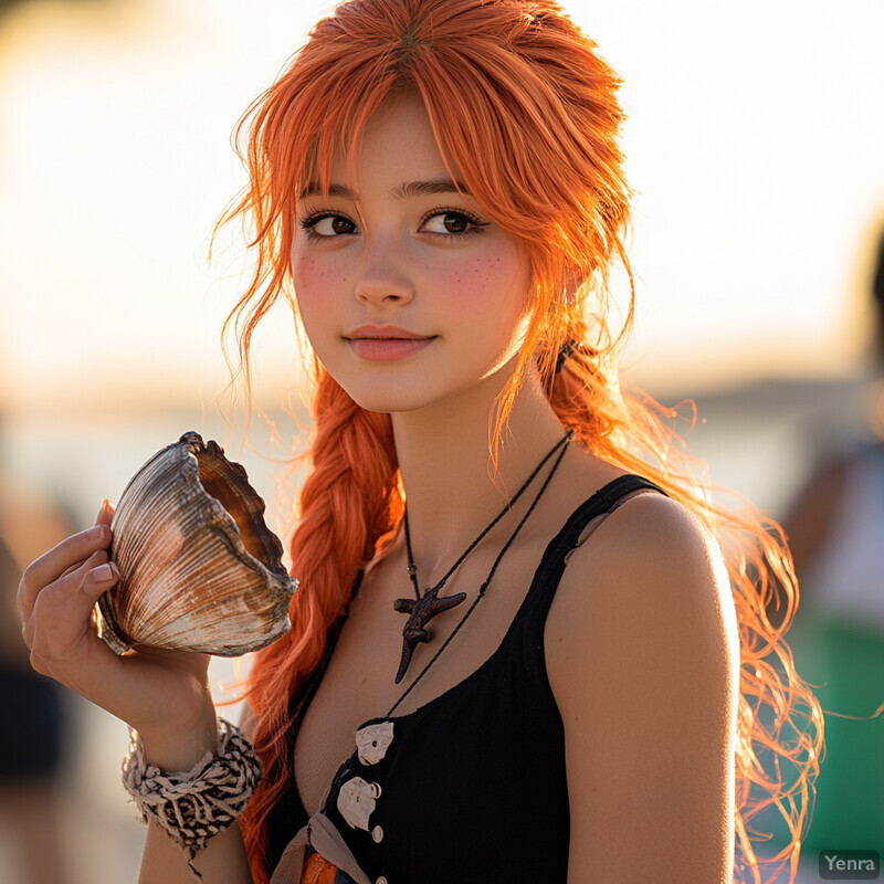 A young woman with orange hair stands on a beach or coastal area, holding up a large seashell.