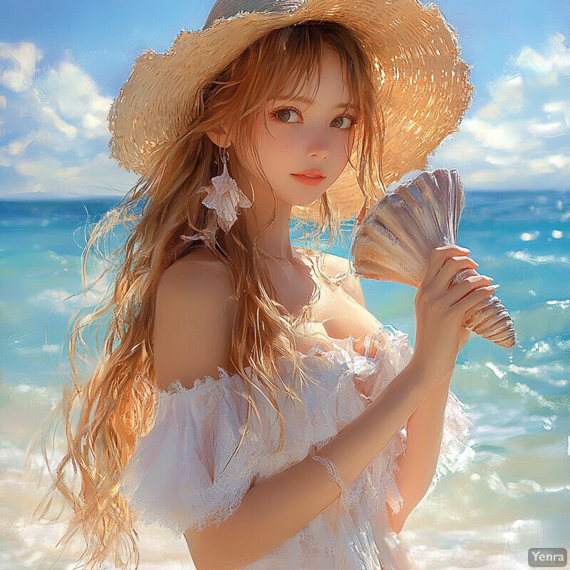 A young woman in a white lace top holds a large shell on a sunny beach.