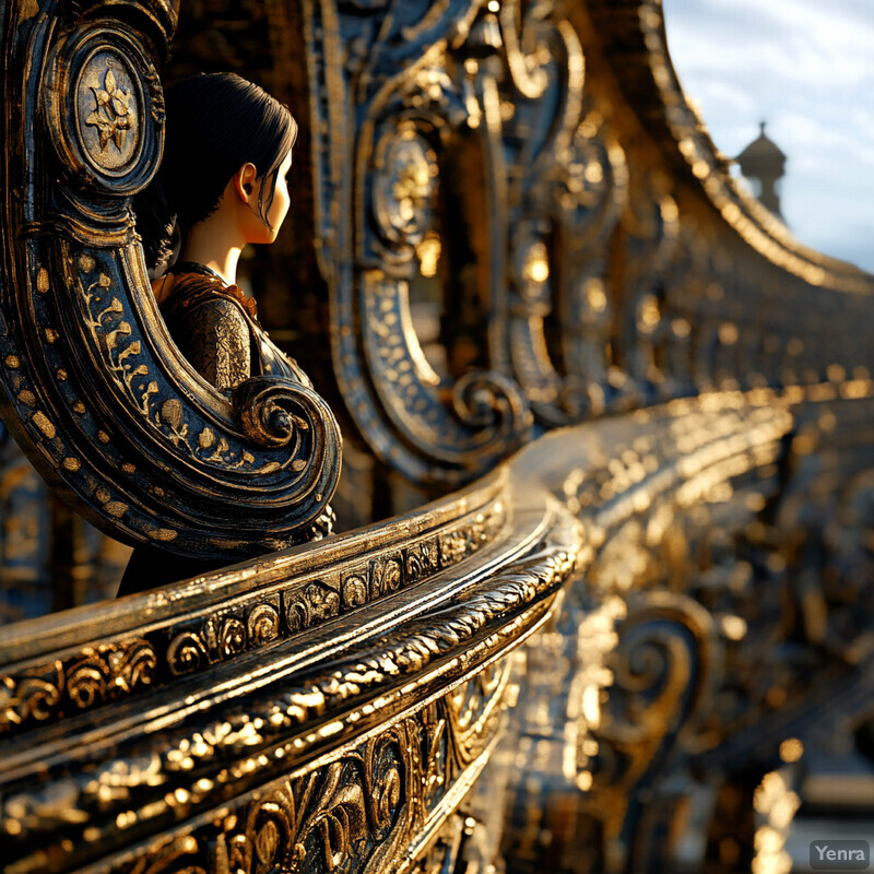 Ornate overlook with woman gazing out at distant structure