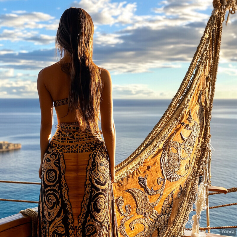 A woman stands on a ship, gazing out at the ocean.