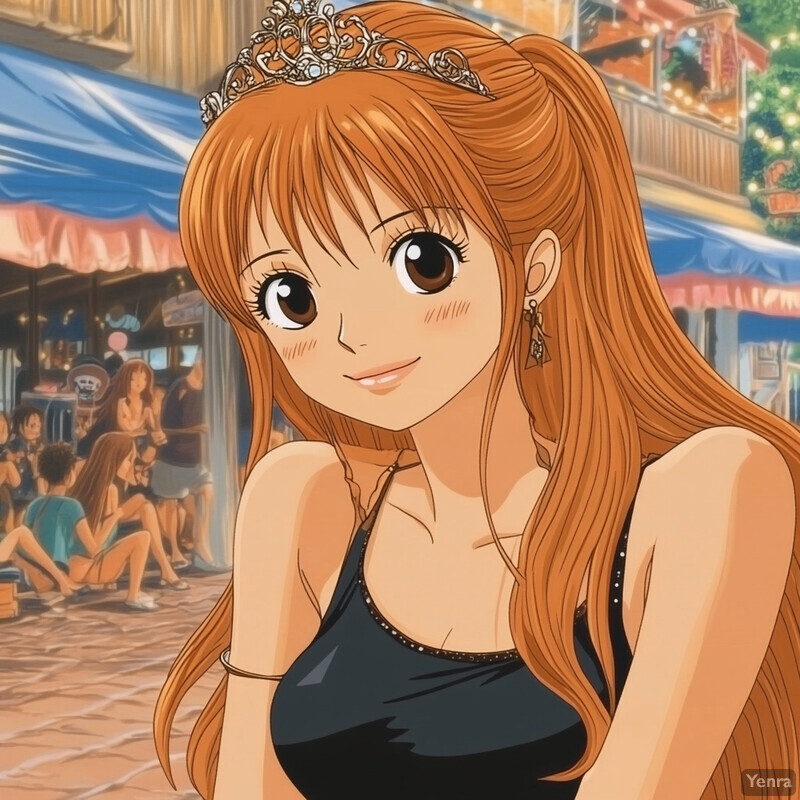 Anime-style illustration of a young woman with long hair and bangs, wearing a black tank top and silver accessories.