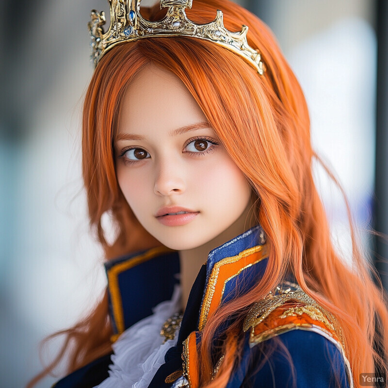 A young woman with red hair and a gold crown poses in front of a blurred background, exuding an air of regality and playfulness.