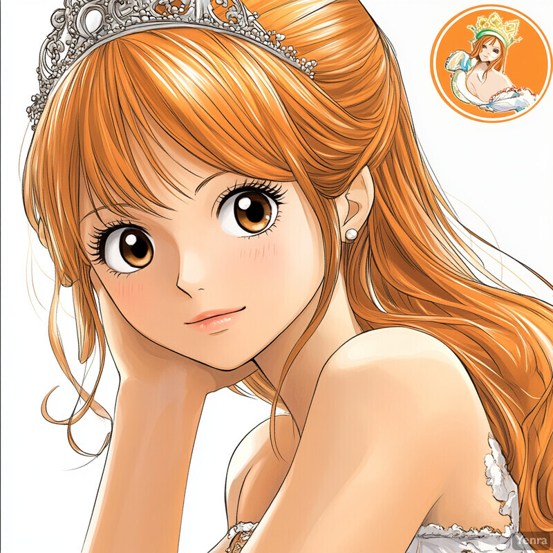 Cartoon-style illustration of a woman with long orange hair and a tiara.