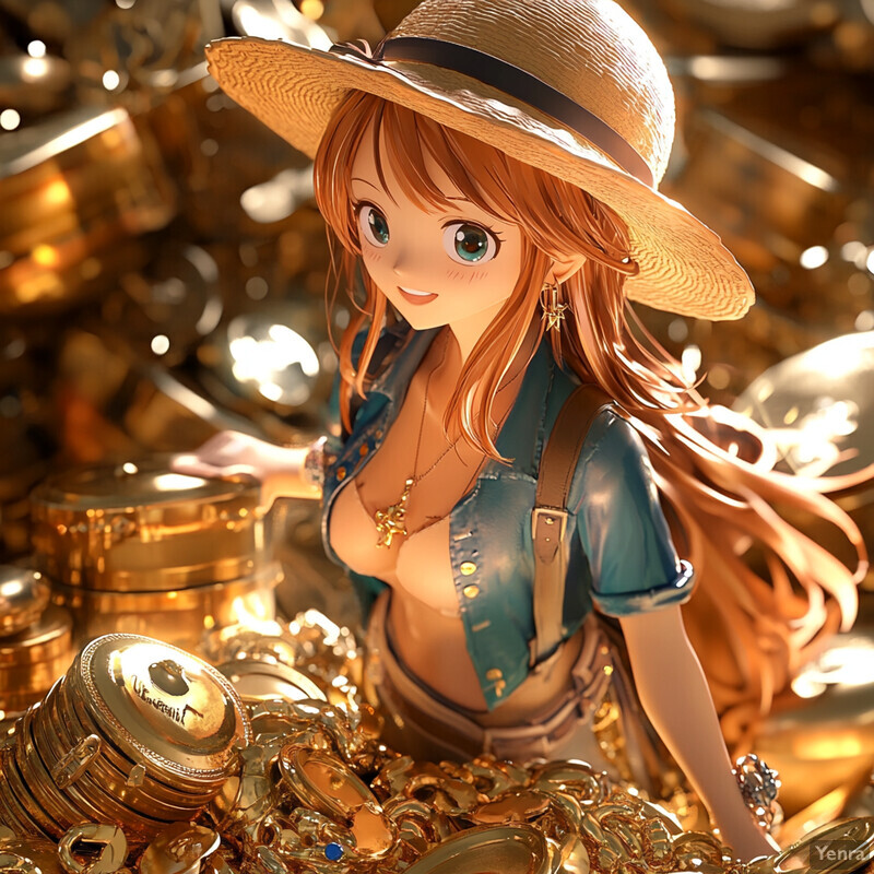 A young woman with red hair and blue eyes stands amidst a pile of gold coins and jewelry, wearing a stylish outfit and holding a small object.