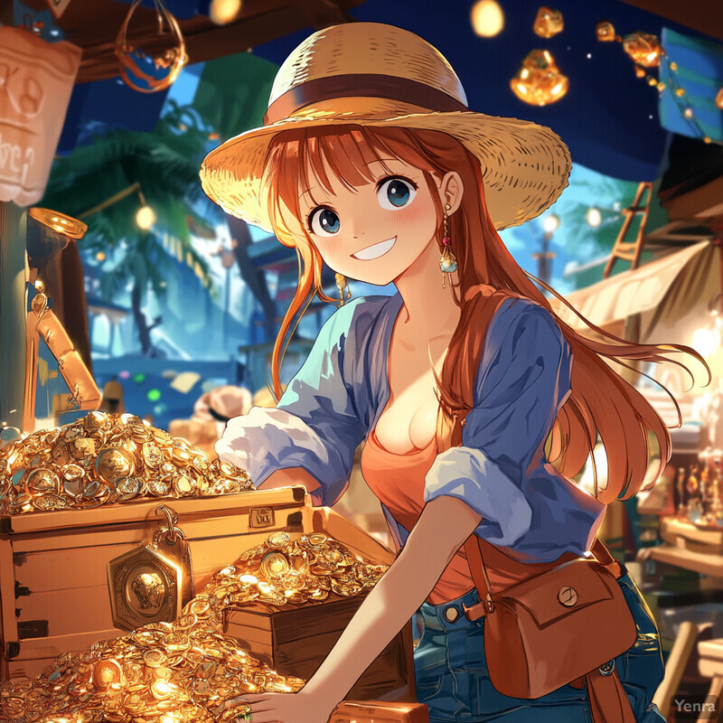 A young girl with red hair and blue eyes stands in front of a pile of gold coins, smiling at the viewer.