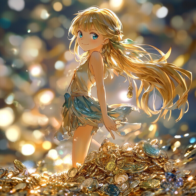 A young anime-style girl with long blonde hair and blue eyes stands amidst a pile of gold coins, wearing a shimmering gold dress that catches the light.