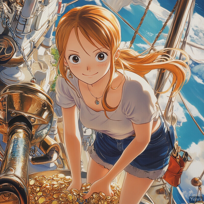 Anime-style illustration of a young woman holding gold coins in front of a ship's rigging