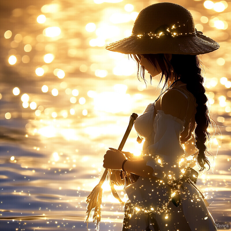 A woman stands on a beach at sunset, holding a long-stemmed flower or reed.