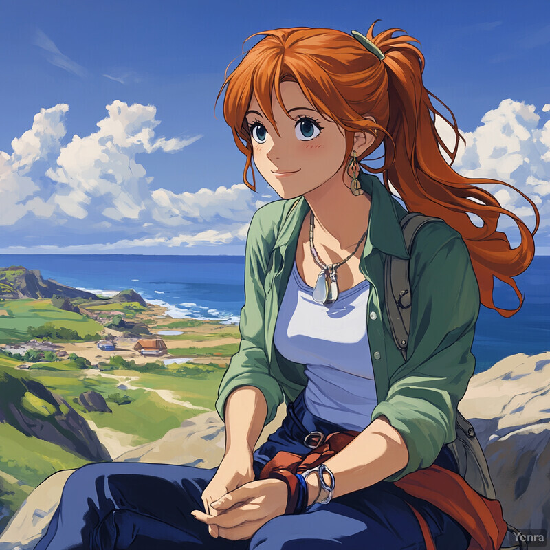 A young woman sits on a rocky outcrop overlooking a seaside village, lost in thought as she gazes towards the viewer.