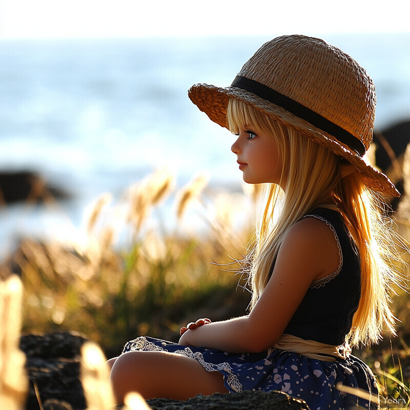 A young girl sits on a rocky outcrop overlooking the ocean, lost in thought.