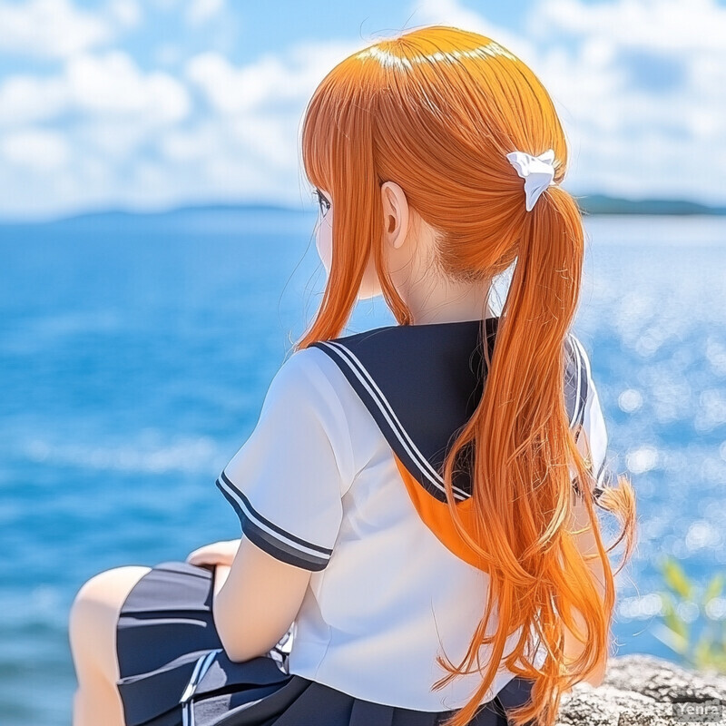 A young girl in a sailor-style outfit sits on a rock overlooking the ocean, lost in thought.