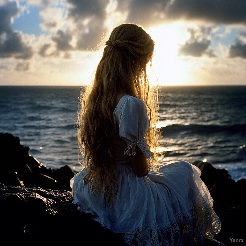 A woman sitting on rocks near the ocean at sunset or sunrise, taking in the breathtaking view.