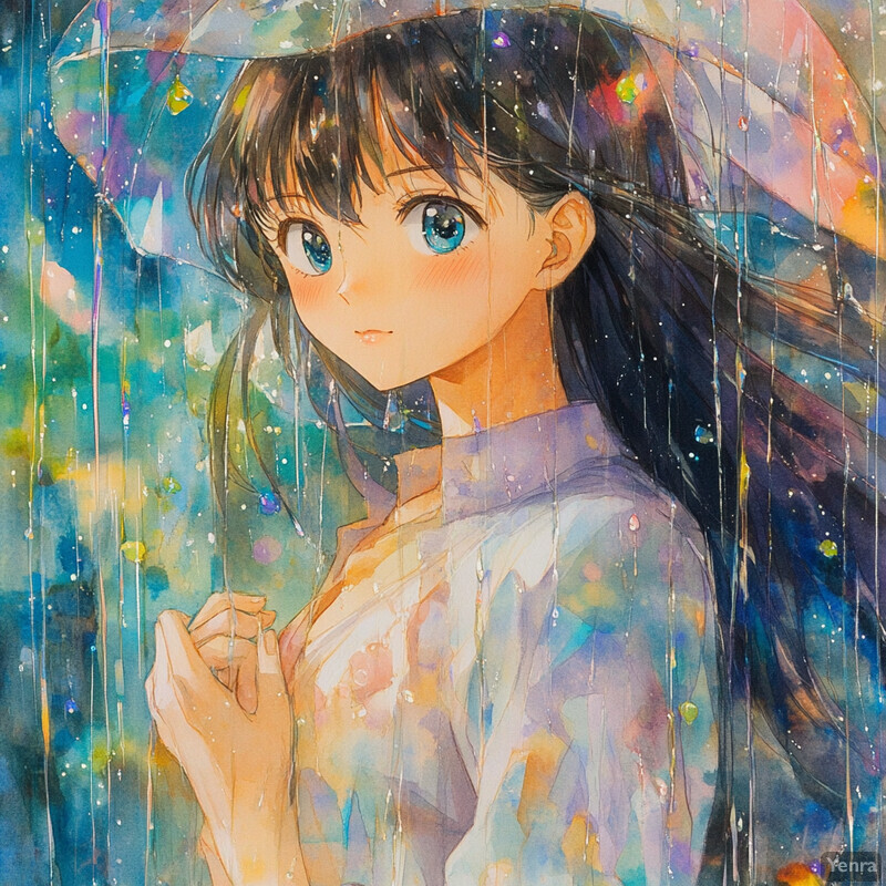 A young woman stands under an umbrella on a rainy day, surrounded by blurred background and pastel colors.