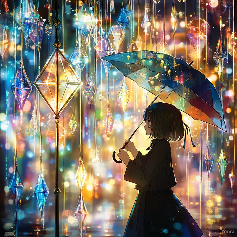 A young girl stands in the rain, holding an umbrella and gazing down at her feet.