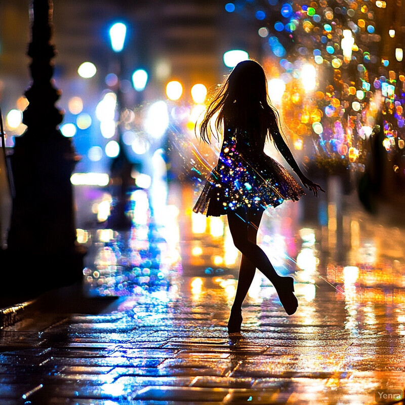 A woman walking down a city street at night